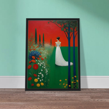 A woman in a white dress stands in a vibrant green field under a deep red sky, framed by dark trees and blooming wildflowers.