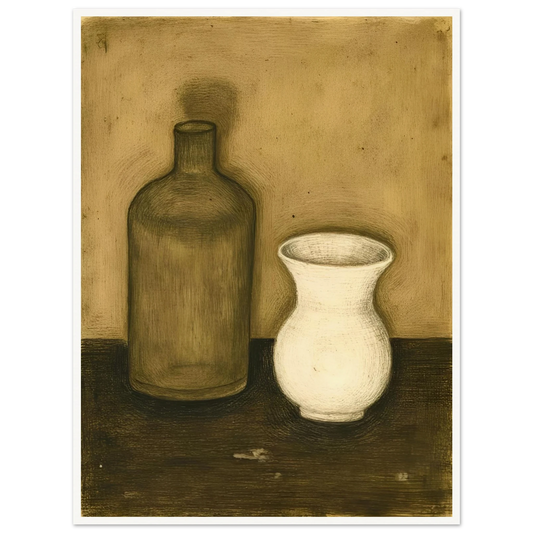Two vessels—a brown bottle and a white vase—stand side by side on a dark wooden surface with a soft, earthy-toned background.