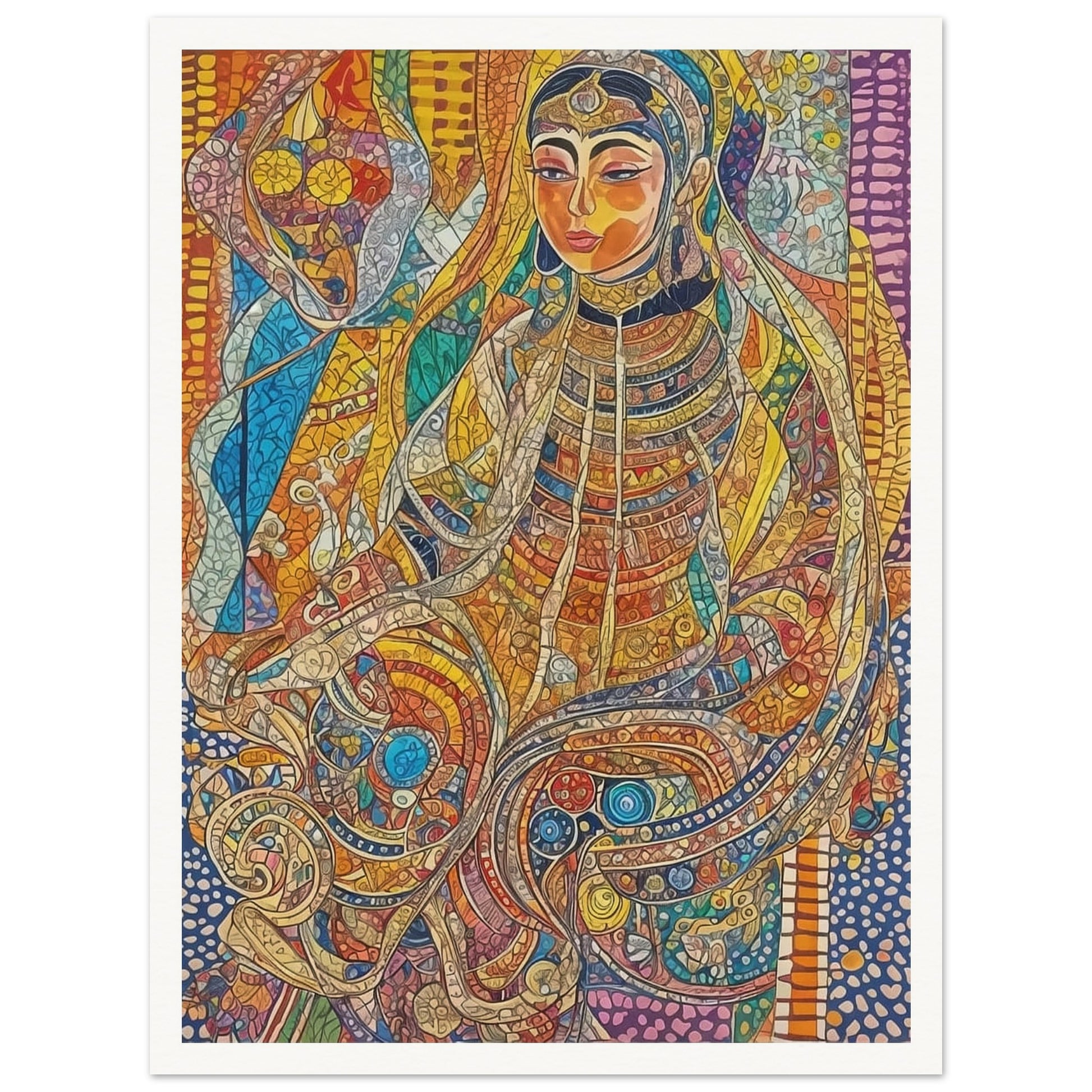 A vibrant mosaic-style artwork depicting a regal woman in intricate traditional attire, surrounded by vivid colors and patterns.