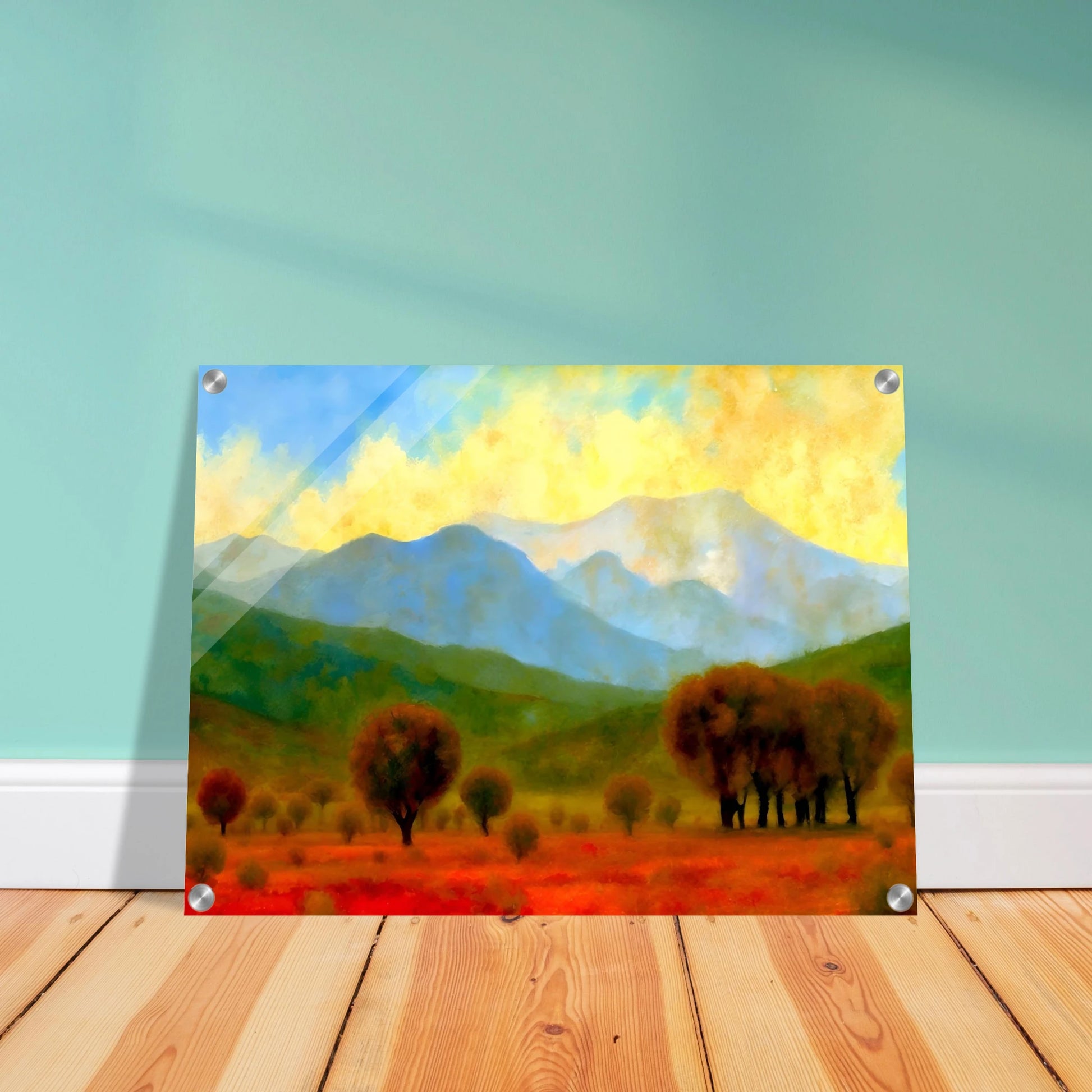 Warm autumn trees stretch across a fiery red field with misty blue mountains and a glowing yellow sky in the distance.