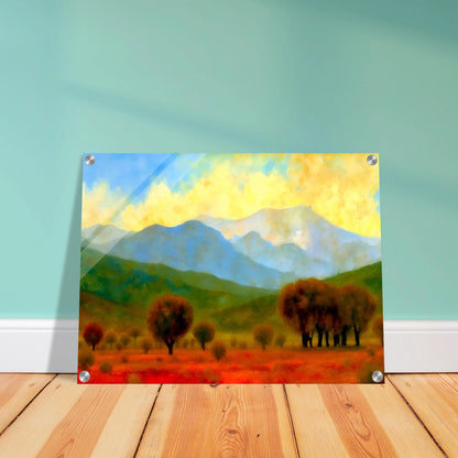 Warm autumn trees stretch across a fiery red field with misty blue mountains and a glowing yellow sky in the distance.