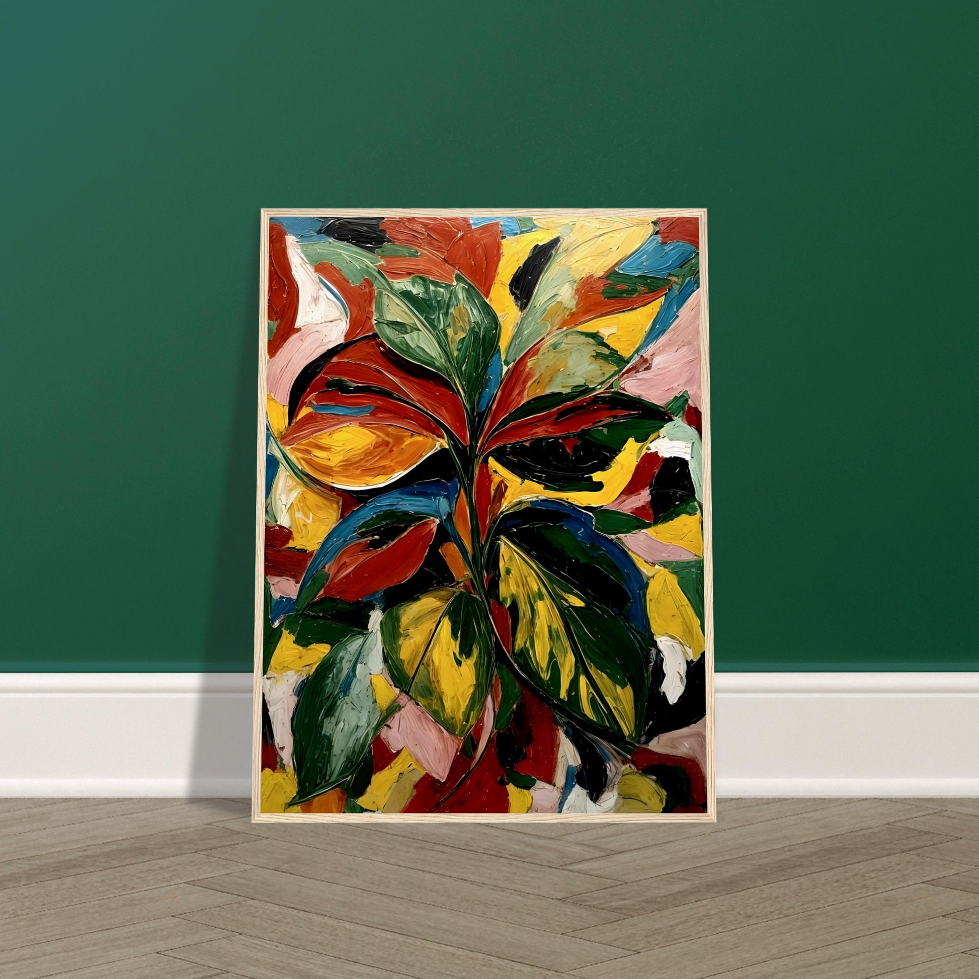 A bold and textured painting of vibrant leaves in dynamic shades of green, red, yellow, and orange, set against an abstract colorful background.