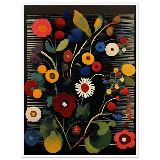 A lively painting featuring an array of colorful circular flowers in red, yellow, blue, and white, set against a dark striped background.