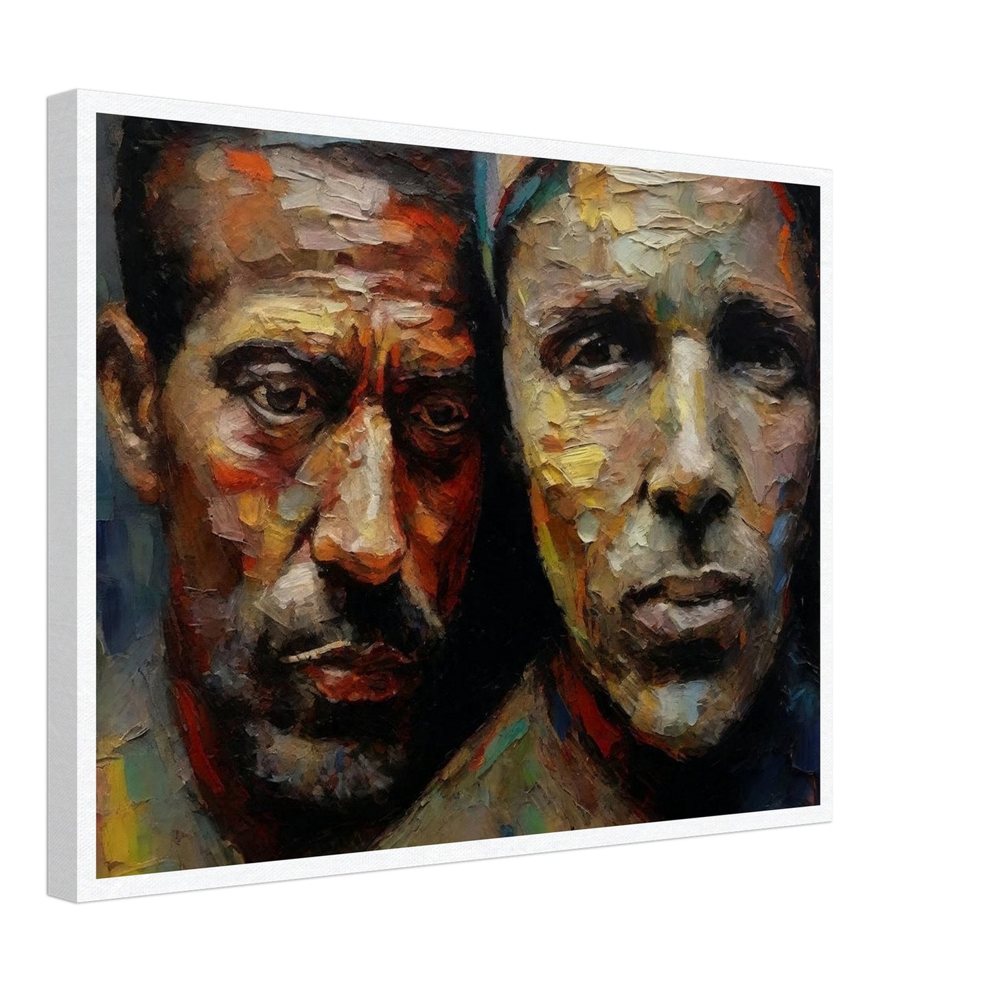 A powerful oil painting of two men with expressive, textured faces, capturing emotions and depth through vibrant brushstrokes.