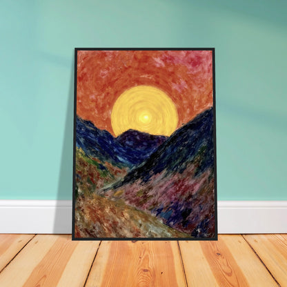 A vivid sunset over deep blue mountains with a glowing golden sun radiating warmth across the textured, colorful valley.