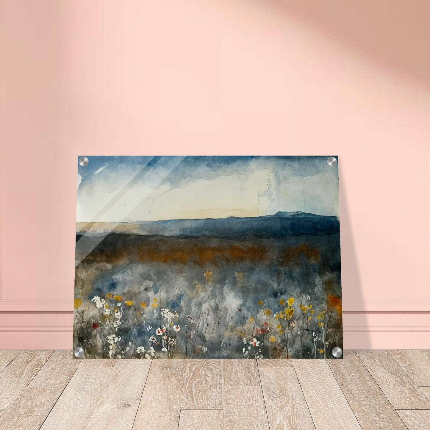 A painting of a misty meadow with wildflowers in the foreground and distant mountains under a cloudy sky.