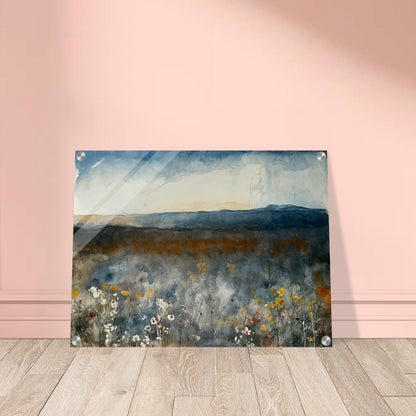 A painting of a misty meadow with wildflowers in the foreground and distant mountains under a cloudy sky.