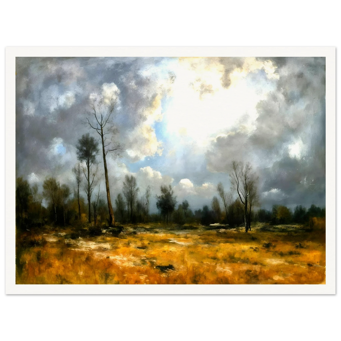 A dramatic meadow of golden grasses beneath towering storm clouds, where bright sunlight pierces through over sparse trees.