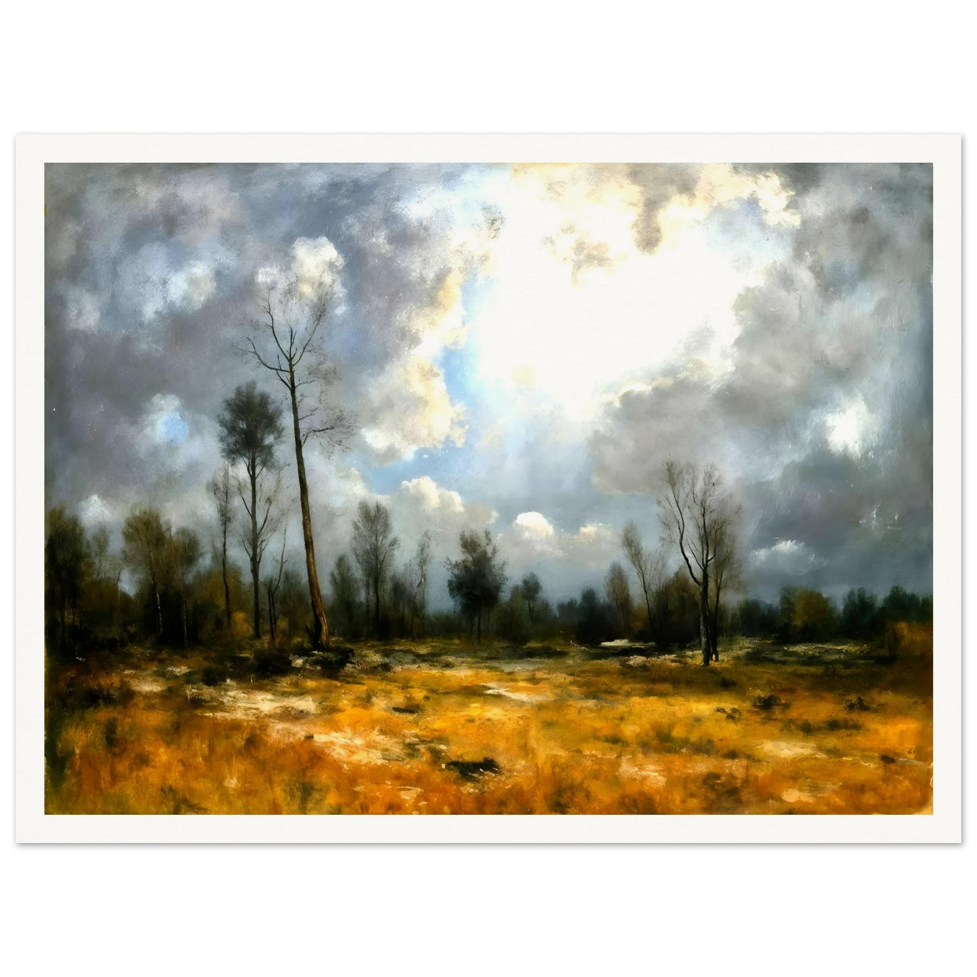 A dramatic meadow of golden grasses beneath towering storm clouds, where bright sunlight pierces through over sparse trees.