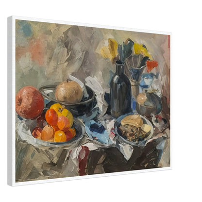 A rustic still life painting featuring a variety of fruits, a dark bottle, and scattered tableware on a draped table.