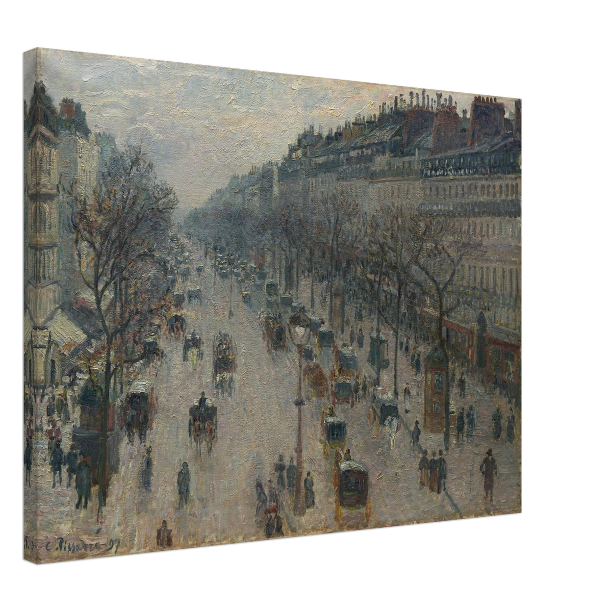 A busy Paris boulevard with carriages, figures, bare trees, and gray winter light.