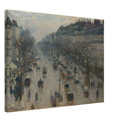 A busy Paris boulevard with carriages, figures, bare trees, and gray winter light.