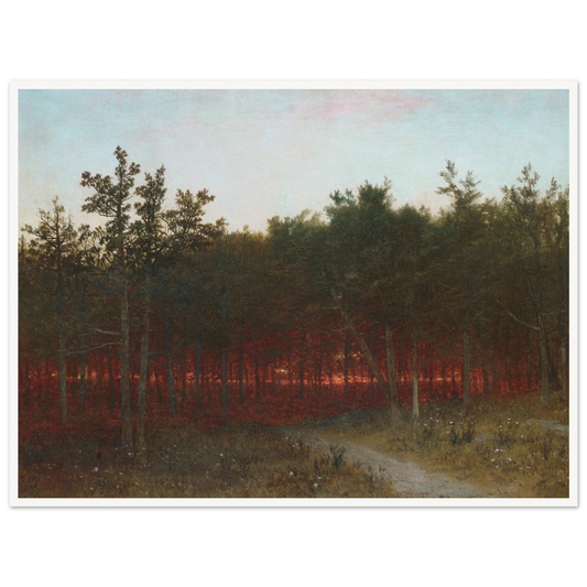 A dark forest glows red at sunset beneath a pale sky, with trees and a soft path in front.
