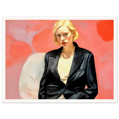 A striking portrait of a blonde woman in a black leather blazer, seated against a vibrant pink and red abstract background, exuding confidence and poise.