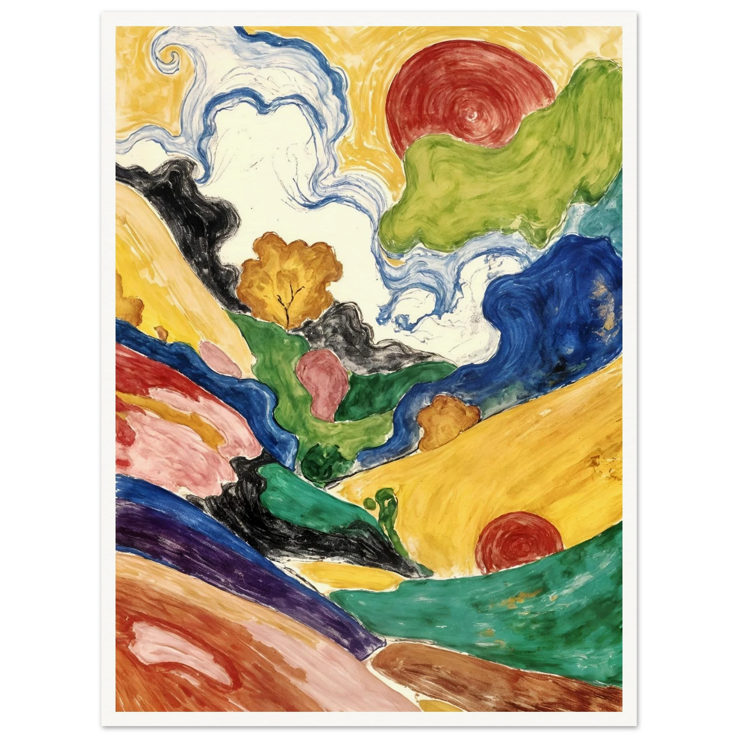 Flowing hills, swirling skies, and crimson suns weave through a vivid landscape filled with movement and color.