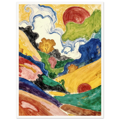 Flowing hills, swirling skies, and crimson suns weave through a vivid landscape filled with movement and color.