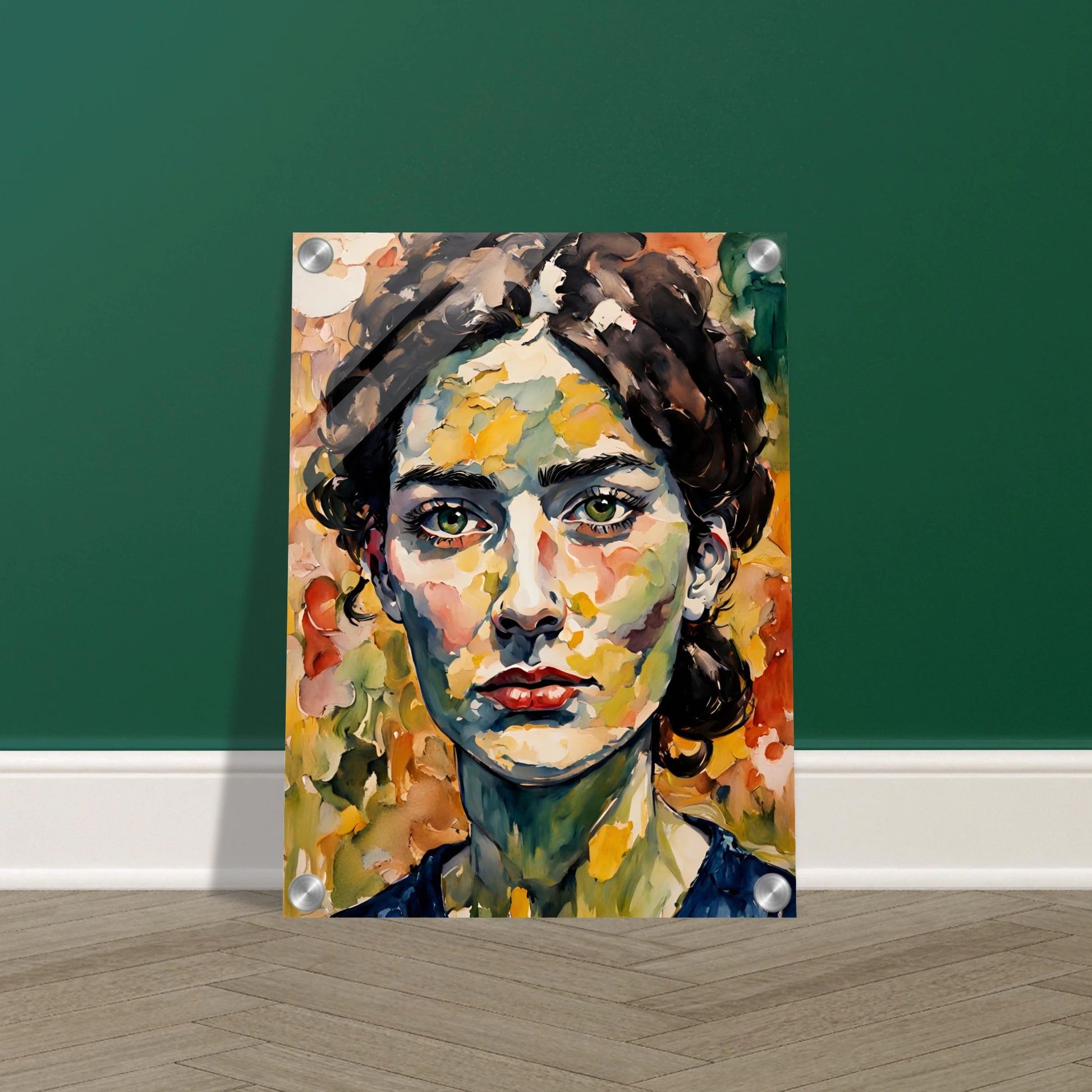 A vibrant portrait of a woman with deep green eyes, expressive red lips, and a textured face blending warm autumn hues in bold brushstrokes.
