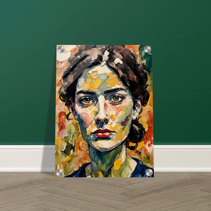 A vibrant portrait of a woman with deep green eyes, expressive red lips, and a textured face blending warm autumn hues in bold brushstrokes.
