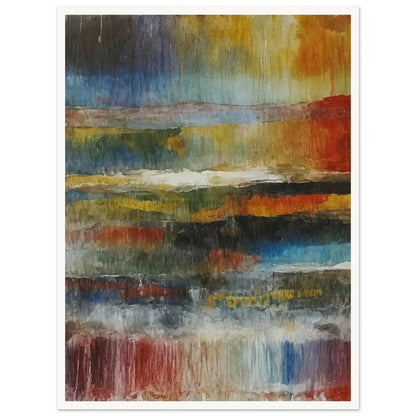 An abstract painting with horizontal bands of deep blues, greens, vibrant reds, oranges, and yellows, resembling layers of a landscape.