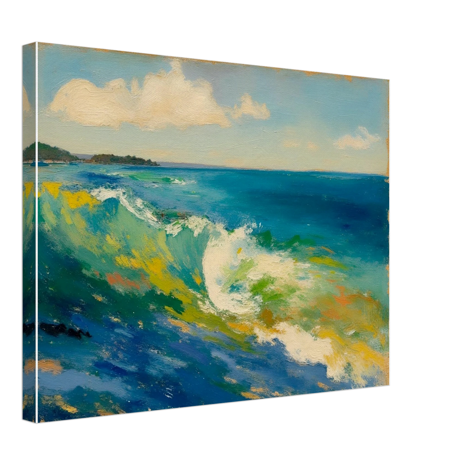 A rolling turquoise wave curls beneath soft clouds, with sunlight dancing across vibrant coastal waters.