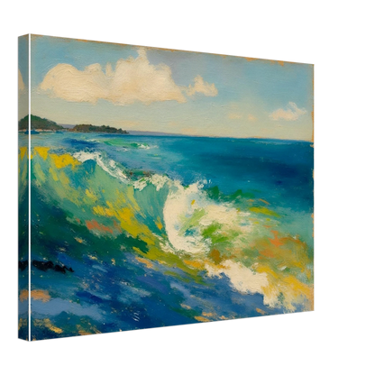 A rolling turquoise wave curls beneath soft clouds, with sunlight dancing across vibrant coastal waters.