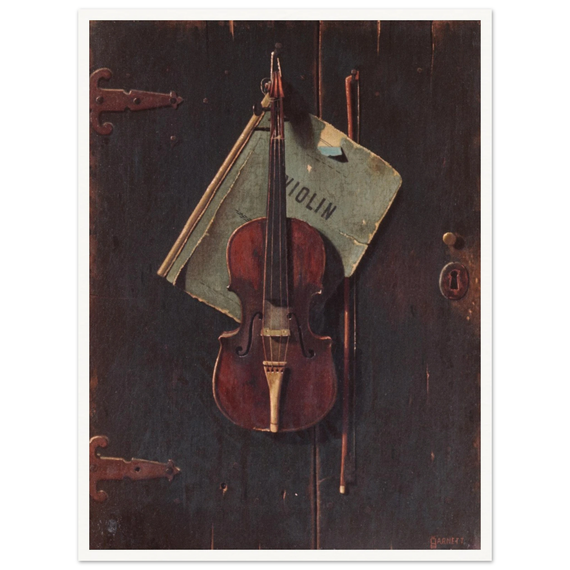 Violin and bow hang against a dark wooden door with a faded paper behind them