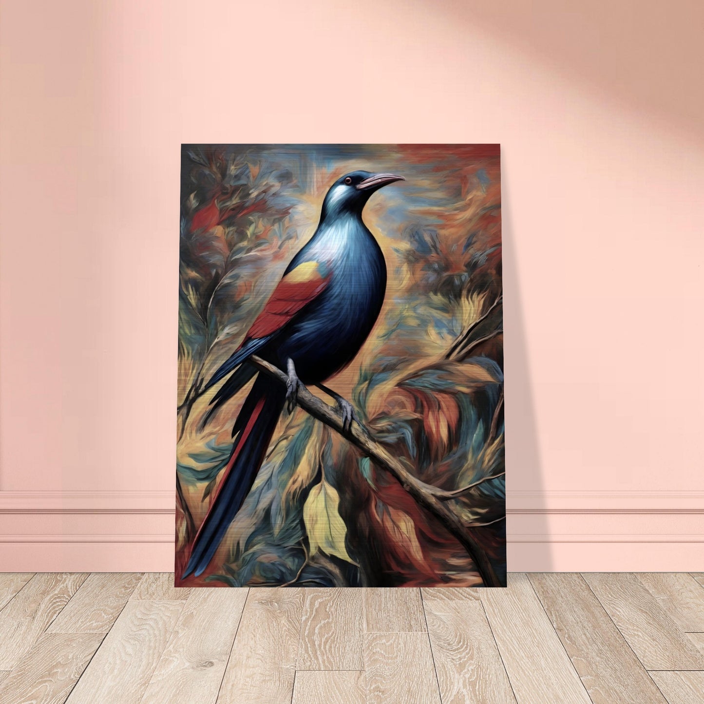 A vibrant painting of a bird with shimmering blue, red, and yellow feathers perched on a branch, set against a dramatic swirling background of autumn tones.