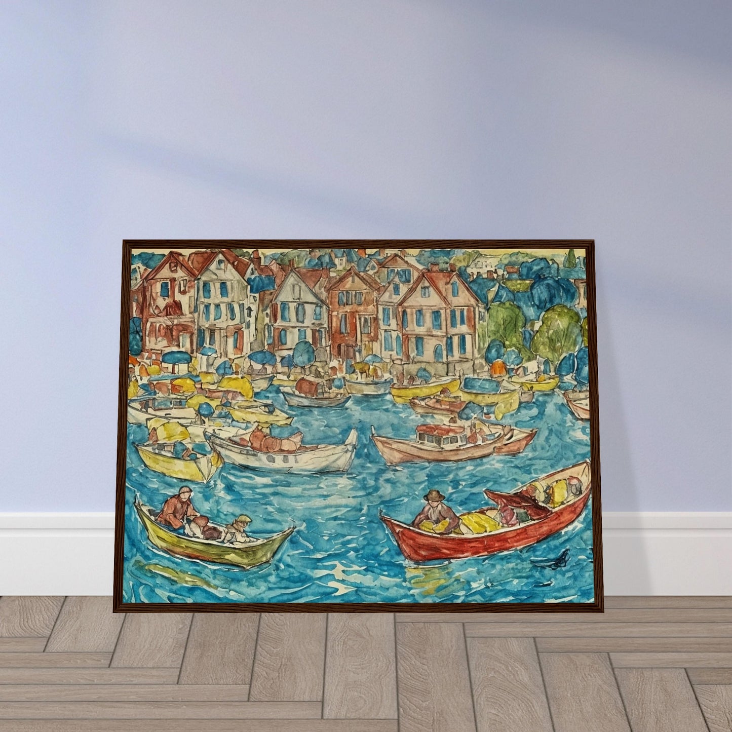 Colorful depiction of a lively harbor with boats and people on a sunny day, with charming houses lining the waterfront.