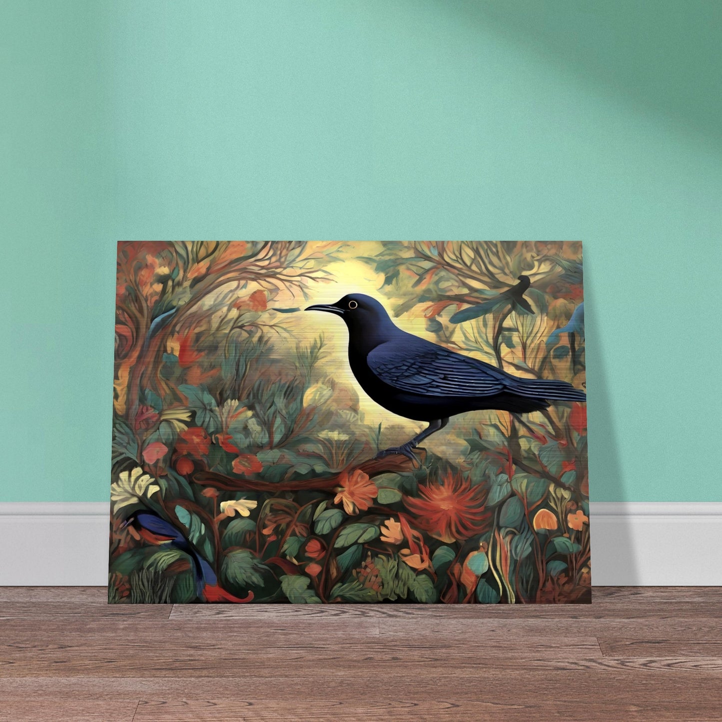 A stunning painting of a black bird with blue undertones perched amidst a vibrant forest of flowers and leaves, illuminated by a glowing golden light in the background.