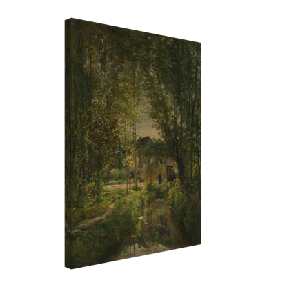 Sunlit stream winds through dense trees toward a cottage in a quiet woodland landscape
