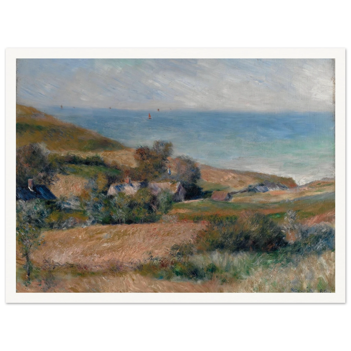 A Normandy coast with grassy fields, cottages, and a calm blue sea beneath a pale sky.