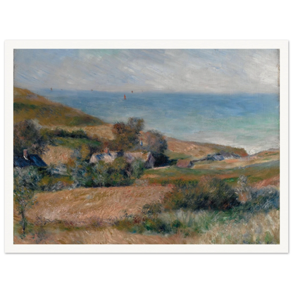 A Normandy coast with grassy fields, cottages, and a calm blue sea beneath a pale sky.