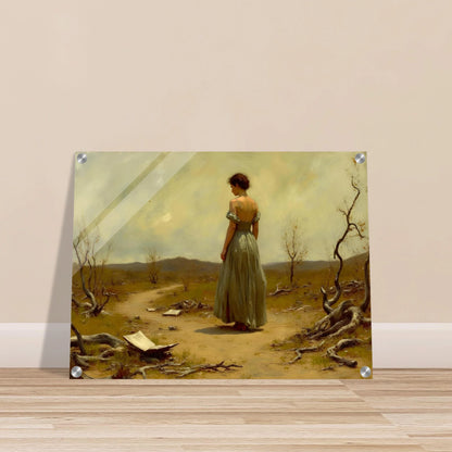 A woman in a flowing dress walks along a desolate path scattered with paper and twisted trees beneath a muted sky.