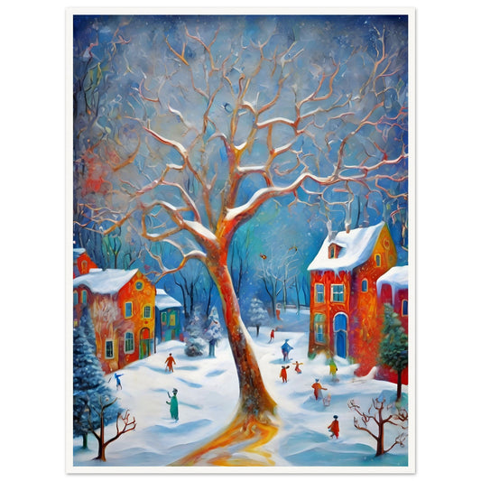 A whimsical winter scene featuring a large, glowing tree surrounded by colorful houses and joyful people playing in the snow under a vibrant blue sky.