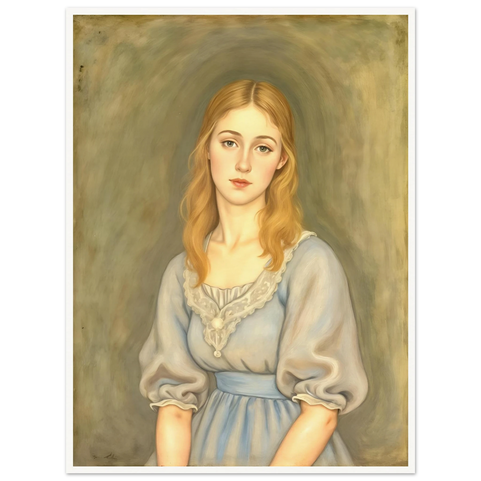 A serene young woman with flowing blonde hair and a pale blue dress gazes softly forward against a muted olive-toned background.