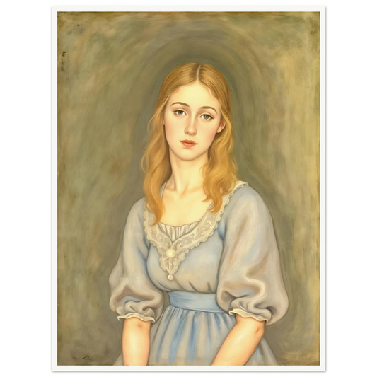 A serene young woman with flowing blonde hair and a pale blue dress gazes softly forward against a muted olive-toned background.
