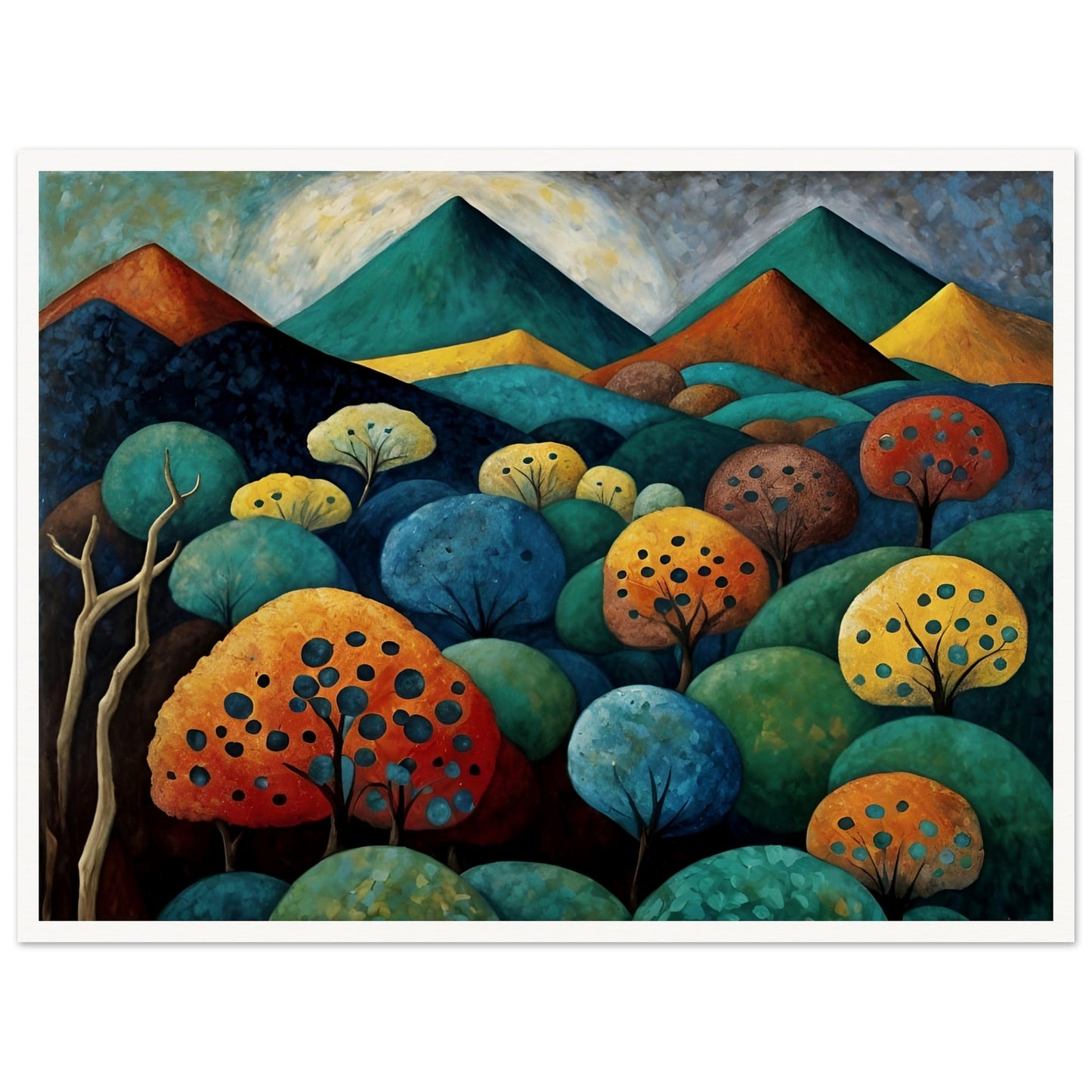 A surreal landscape painting of a lush valley filled with vibrantly colored trees in shades of blue, orange, yellow, and green, with layered mountains in the background under a cloudy sky.