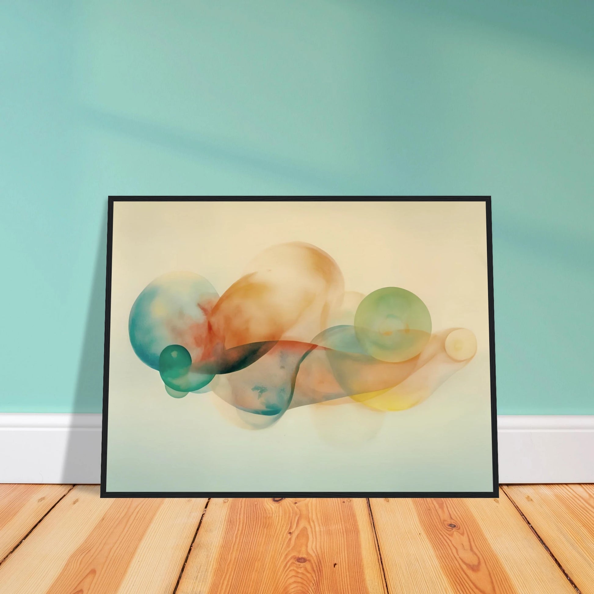 Translucent pastel spheres and flowing organic shapes overlap in airy layers of teal, peach, gold, and mist on a serene light backdrop.