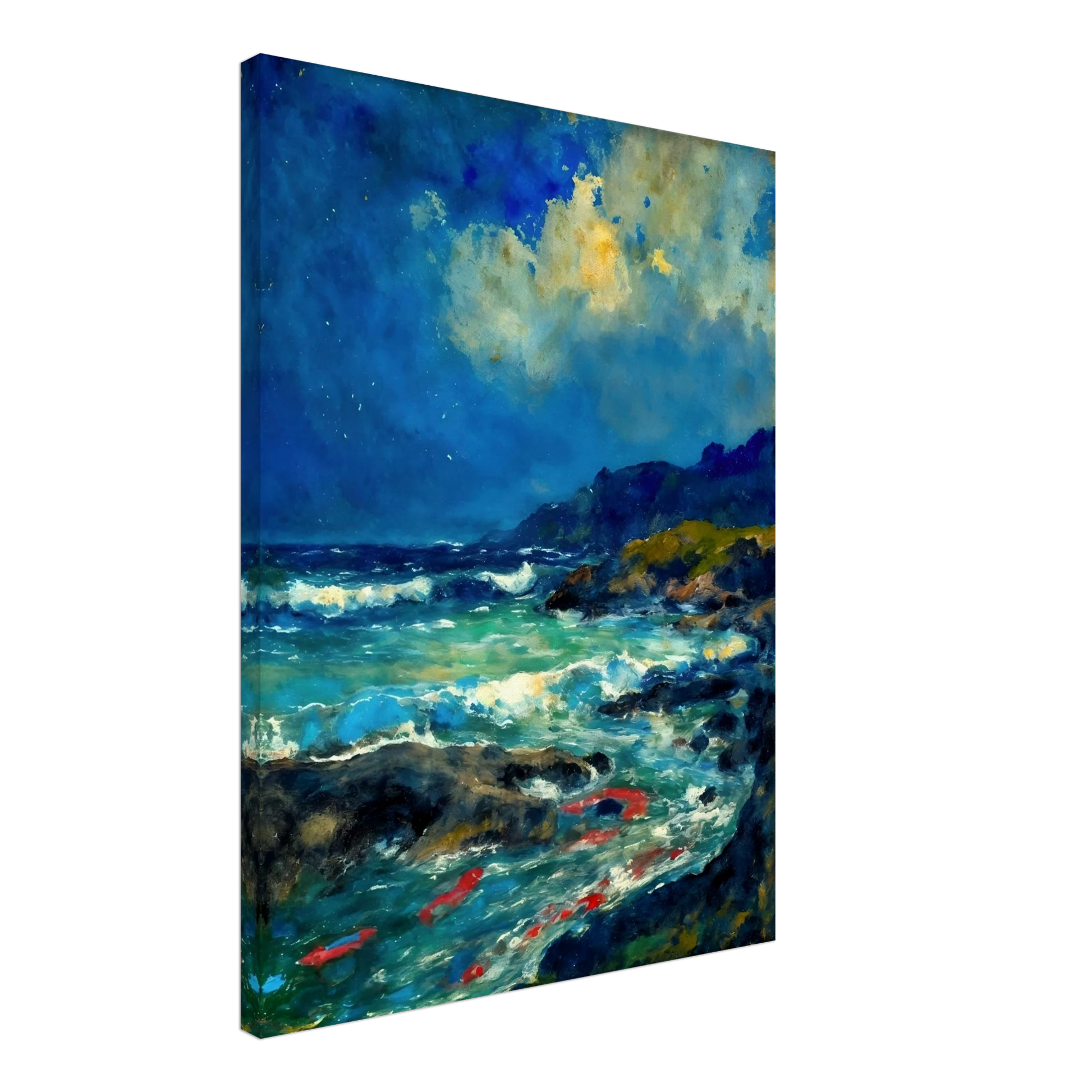 Turquoise waves rush through dark rocks below glowing clouds and distant coastal hills.