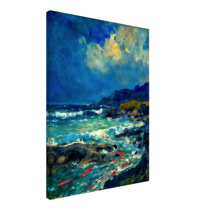 Turquoise waves rush through dark rocks below glowing clouds and distant coastal hills.
