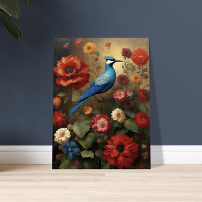 "A vibrant painting of a blue bird perched among blooming flowers in red, orange, and pink hues, set against a soft, warm background."