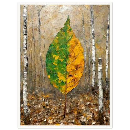 A large leaf, half green and half yellow, stands upright in a birch forest, symbolizing the transition between seasons with soft autumnal tones.