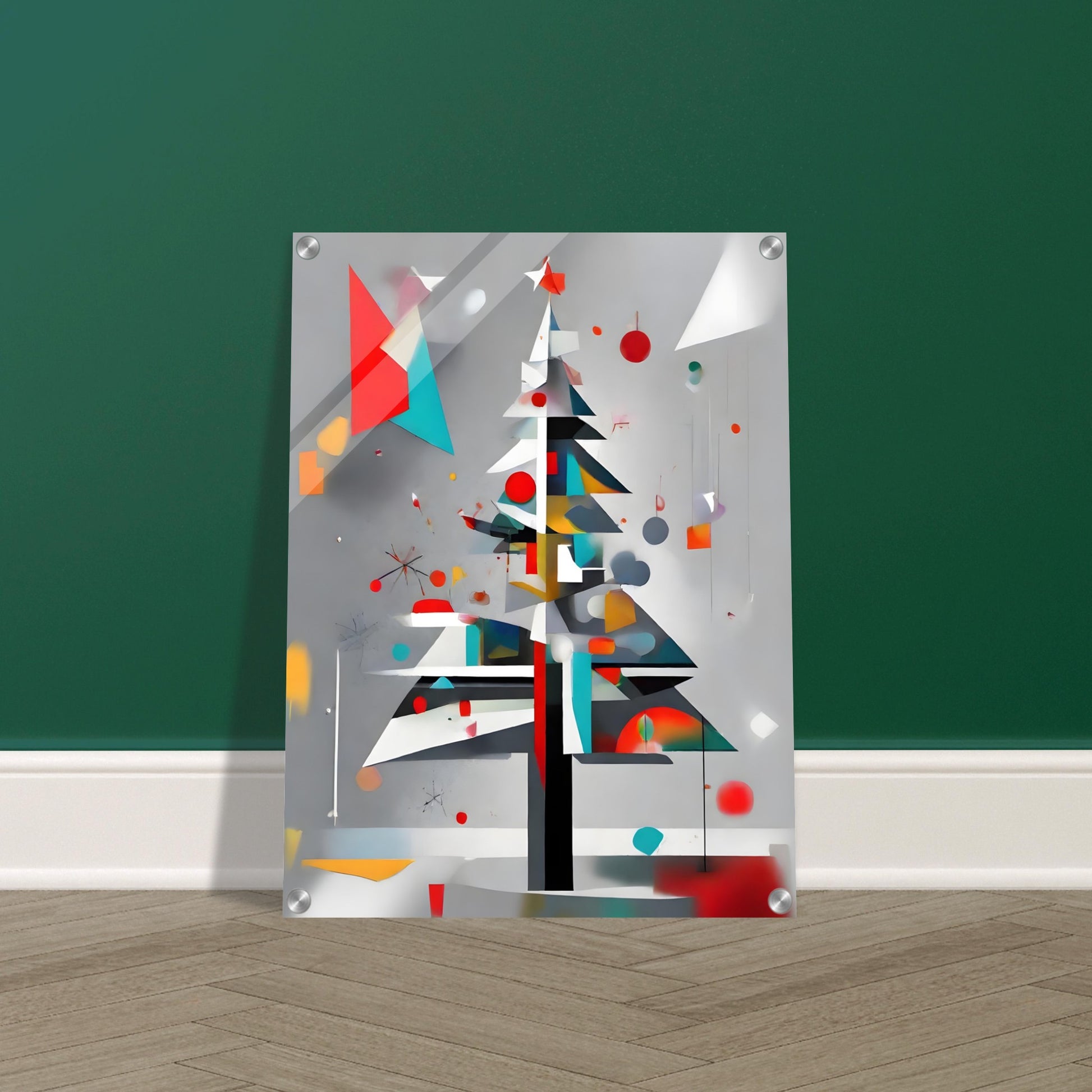 A sleek and modern artwork featuring a geometric Christmas tree adorned with colorful shapes, abstract ornaments, and a gray background.