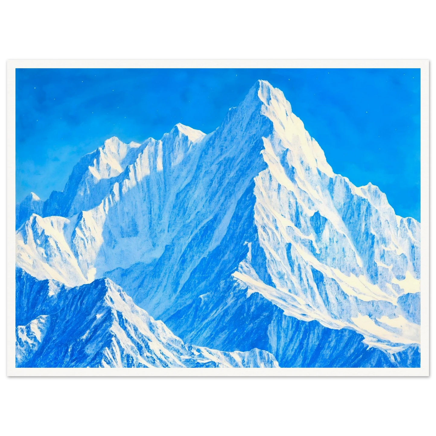 Towering icy mountain peaks glow in brilliant blues and whites beneath a crystal sky, evoking grandeur and stillness.
