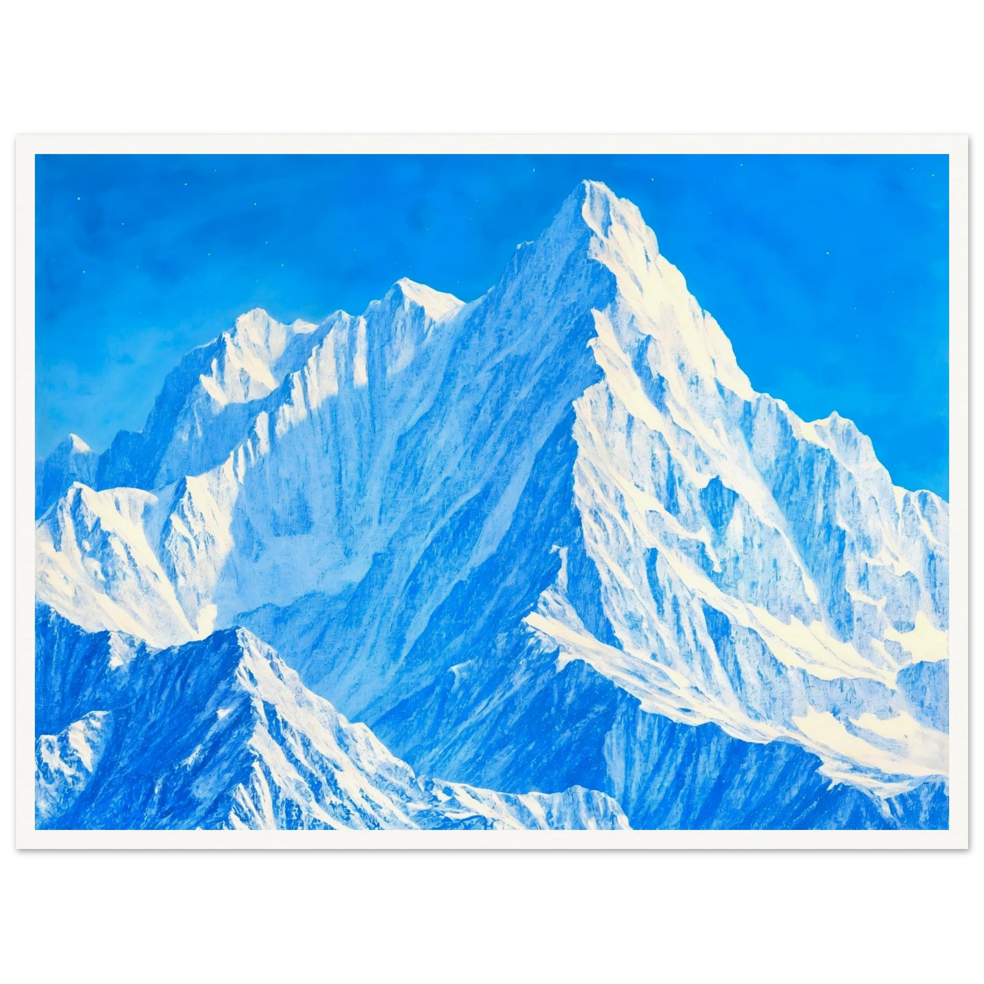 Towering icy mountain peaks glow in brilliant blues and whites beneath a crystal sky, evoking grandeur and stillness.