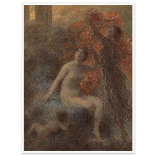 Aurora sits as a shadowed winged figure draws back a red veil in a misty dawn scene.