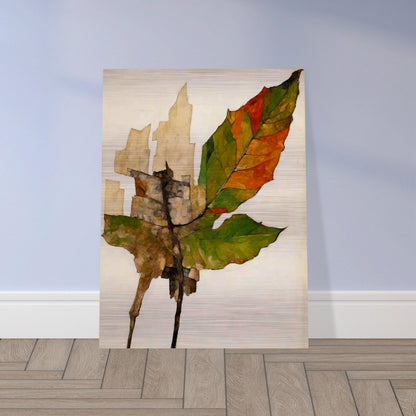 A detailed depiction of a leaf transitioning from green to brown and orange, showing the effects of aging and decay, set against a soft neutral background.