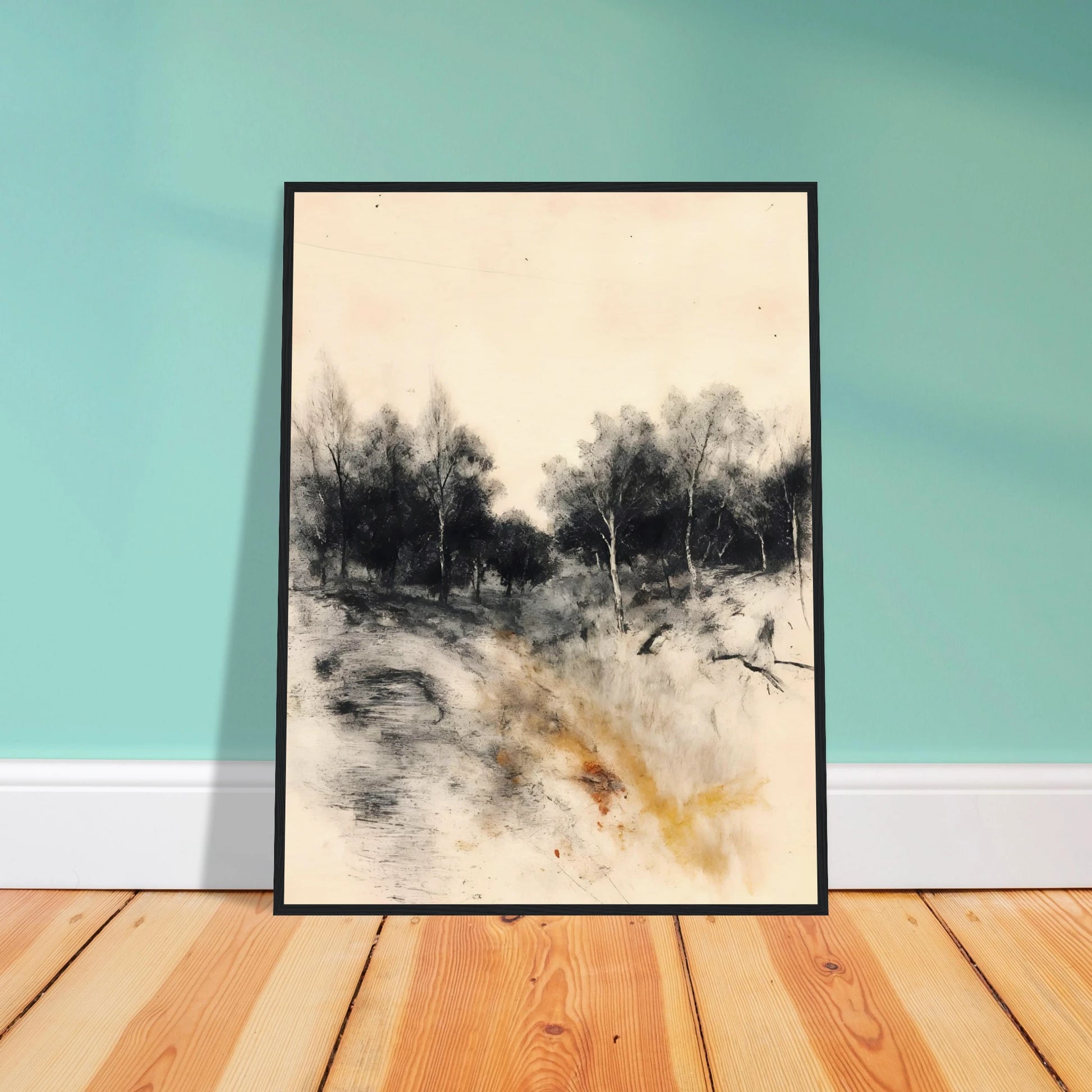 Muted woodland path with dark trees, soft sky, and warm ochre grasses in a quiet portrait scene.