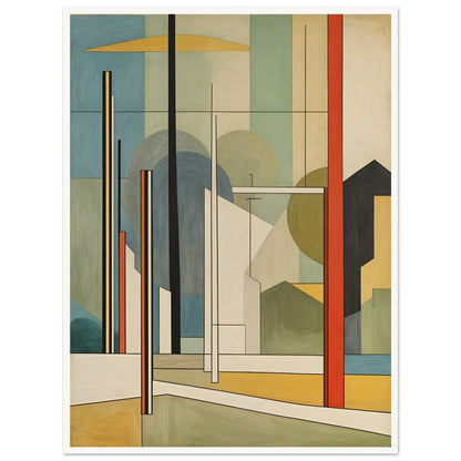 A geometric artwork featuring abstract buildings, trees, and poles with clean lines in earthy tones of green, yellow, red, and beige, creating a modern cityscape.