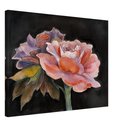 Two delicate watercolor roses with soft pink, purple, and peach tones bloom vividly against a dark background.